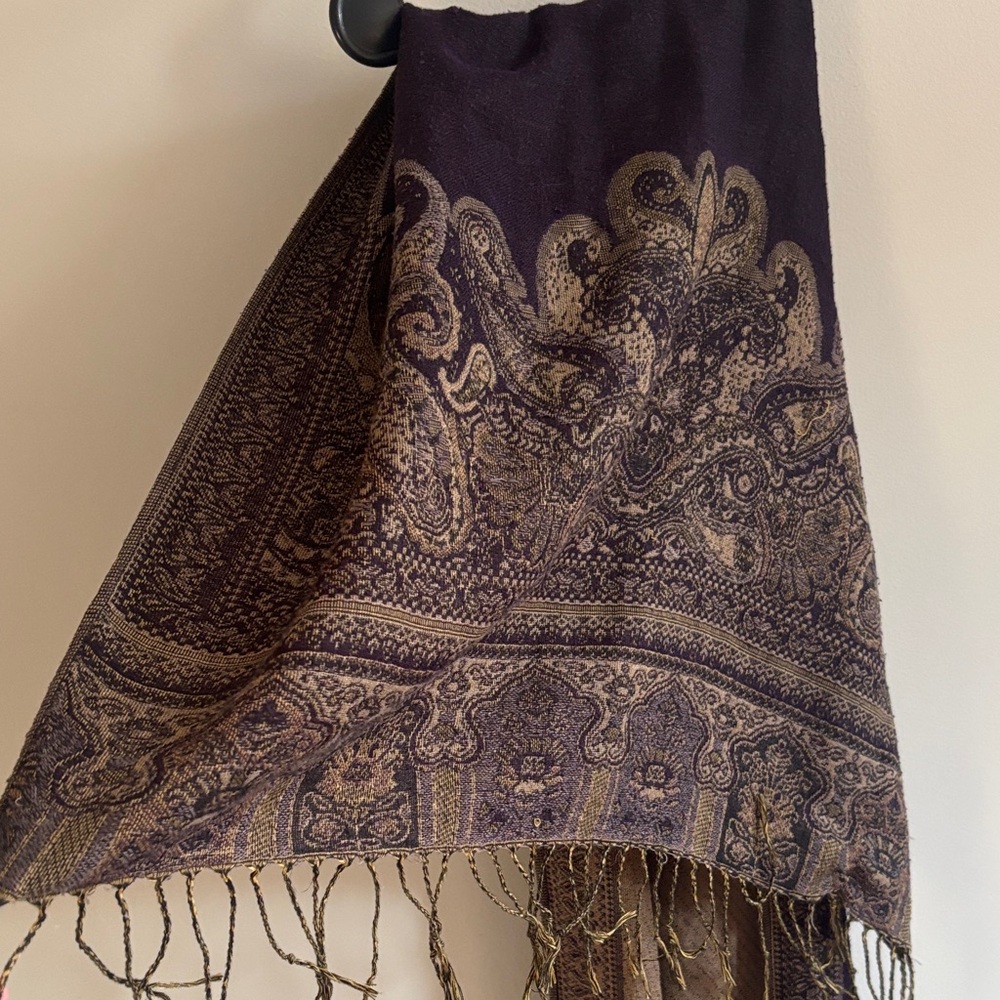 Paisley Purple/ Goldish Brown Scarf with Fringe